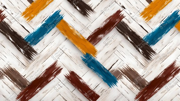 An image of a decorative pattern composed of colored paint streaks on a white wooden background. The colors vary from dark brown, sky blue, to dusty orange, creating an appealing visual effect. The strips are aligned diagonally, filling the space in a symmetrical arrangement.
