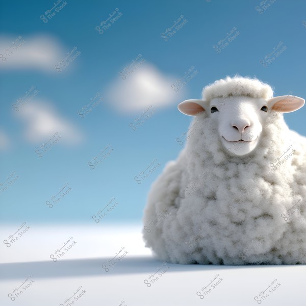 The image shows a sheep with thick white wool standing against a blue sky background with a few soft white clouds in the horizon. The sheep looks smiling and friendly, giving an overall calm and pleasant atmosphere to the image.