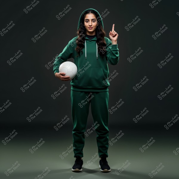 Image of a woman wearing green sportswear, including a hoodie, pants, and black sneakers. She is standing facing the camera against a dark background, holding a white soccer ball in her right hand and pointing with her left index finger.