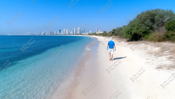 The image shows a man wearing a cap, blue shirt, and white shorts walking on a sandy beach beside clear blue water under a clear blue sky. Skyscrapers are visible in the distant background, and there is a line of green trees on the right side of the image.