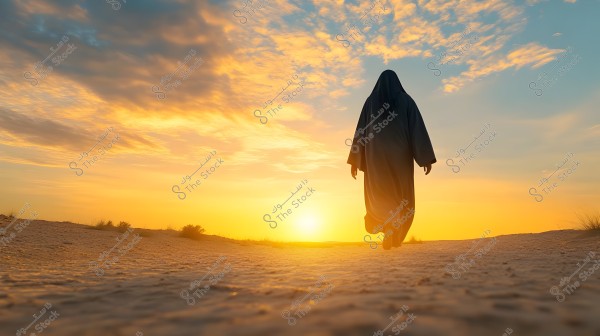A person wearing a traditional cloak walks through the desert at sunset. The ground is sandy with sparse vegetation, and the sky is filled with golden and orange clouds, creating a serene and enchanting atmosphere.
