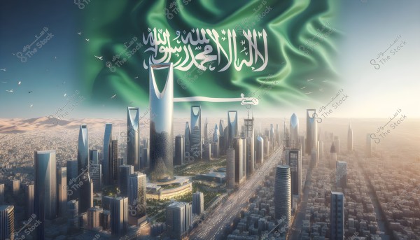 An urban scene depicting a group of modern buildings and skyscrapers in Riyadh, Saudi Arabia. The image features iconic structures like the Kingdom Tower and Al Faisaliah Tower, with the Saudi flag flying above, bearing the inscription \"There is no god but Allah; Muhammad is the Messenger of Allah.\" The sky is clear and birds can be seen flying in the distance.