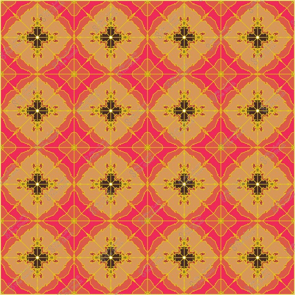 نمط زخرفة إسلامية ملونة بالأحمر والذهبي والأسود, يتميز بتكرار تصميم متناسق.