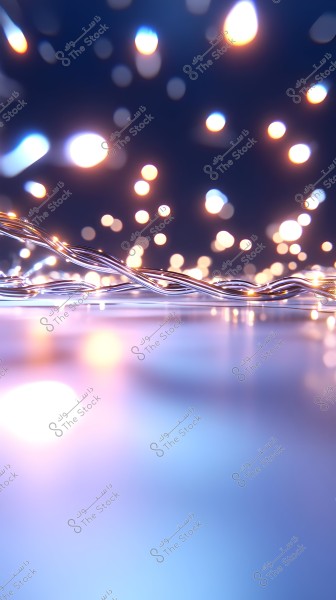 صورة مجردة تعرض خلفية داكنة مع العديد من النقاط المضيئة التي تشبه الأضواء المتلألئة, في مقدمة الصورة تظهر خيوط معدنية لامعة تتشابك مع بعضها البعض.