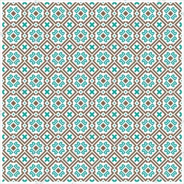Repeating decorative pattern with geometric shapes in brown and teal colors.