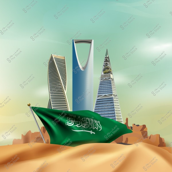 The image shows the flag of Saudi Arabia in the foreground, with iconic buildings of Riyadh in the background, including the Kingdom Tower and Al Faisaliah Tower, along with another modern architectural structure. The background features desert sands and a wide sky horizon.