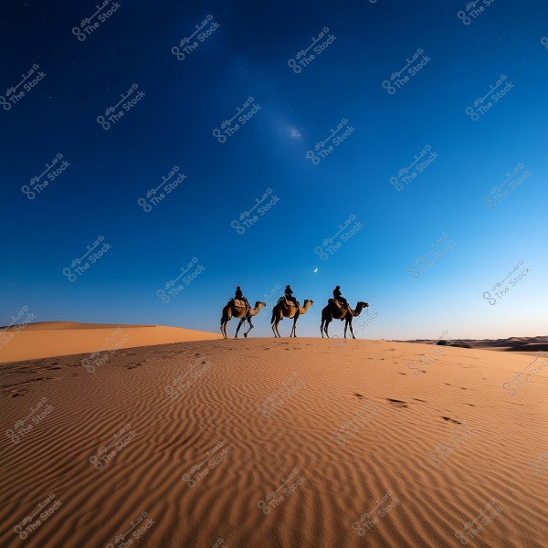 An image of three people riding camels on sand dunes under a clear sky in the desert. The upper half of the image shows a night sky adorned with a crescent moon and scattered stars. The vast, serene desert is enhanced by the warm blue hues of the setting.