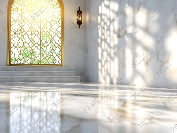 The image depicts a luxurious interior decor featuring a large window with golden geometric patterns. Sunlight streams through the window, casting shadows on the white marble floor. On the left wall, there is a traditional lantern, and a slightly elevated staircase leads up to the window.