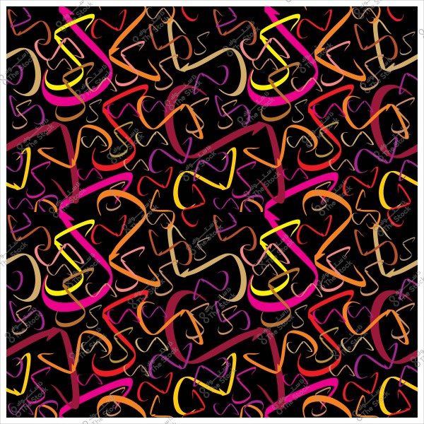 نقش عربي ملون يحتوي على حروف الخط العربي باللون الأحمر والأصفر والوردي على خلفية سوداء.