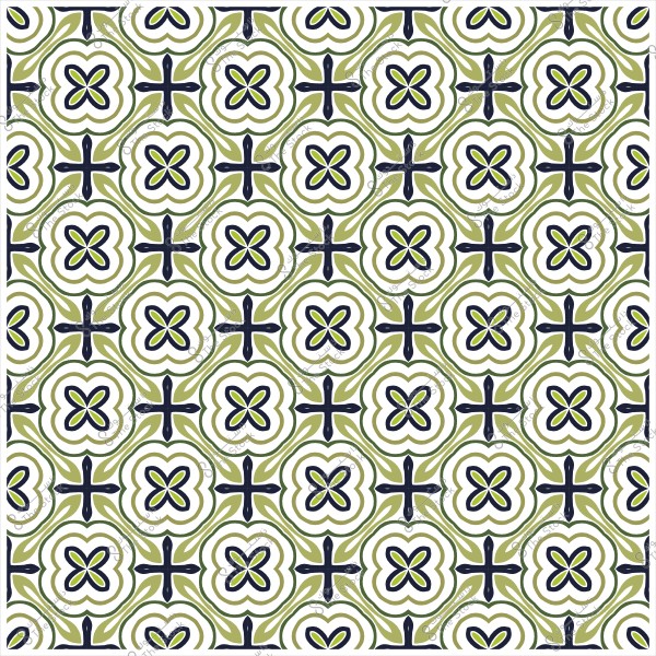 Ornamental pattern consisting of intersecting shapes and flowers in black and green on a white background.