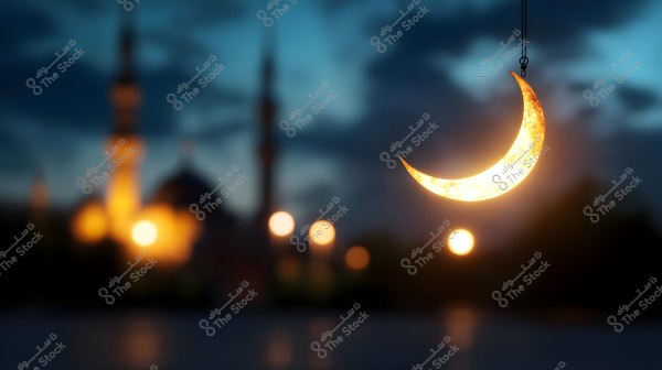 An image featuring a glowing crescent moon hanging in the night sky, with blurred lights in the background resembling mosques, creating an Islamic or Ramadan atmosphere. The unfocused lights add a serene and spiritual vibe to the scene.