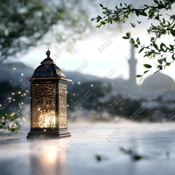 An ornate lantern with warm light illuminates the pathway, surrounded by lush greenery and foliage. In the background, the silhouette of a mosque with its minaret and dome is visible against a tranquil atmosphere.