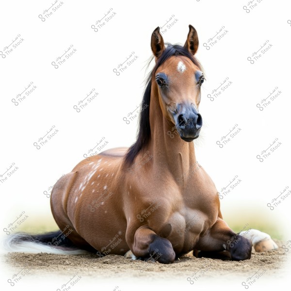 An Arabian horse lying on the ground, characterized by its smooth brown coat with small white spots and a white stripe on its face. The horse\'s pose conveys a sense of relaxation and elegance. The pure white background accentuates its details.
