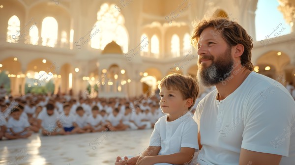 A man and a boy are sitting inside an elegantly decorated mosque with glowing lights, creating a serene and peaceful scene. Both are dressed in simple white clothing, and a large group of people in white clothing is seated in the background within a spacious hall featuring high arches and large windows letting in natural light.