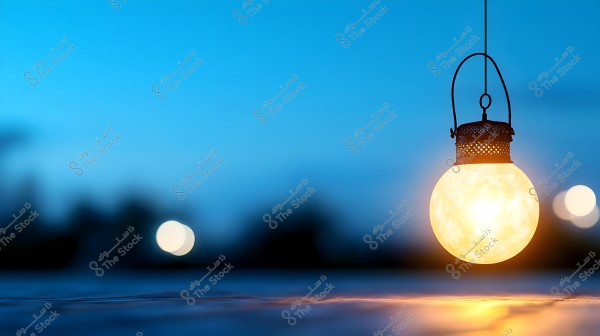 A hanging lamp illuminated with warm light, topped with a decorative metal cover, set in a nighttime scene with a clear blue sky. The reflection is visible on the ground, and the background is blurred with distant lights.