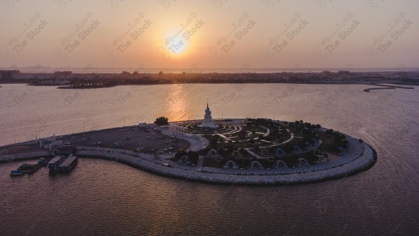 An aesthetic drone shot of Marjan Island in Dammam in the Eastern Province, showing a clear sky and nature in Saudi Arabia.