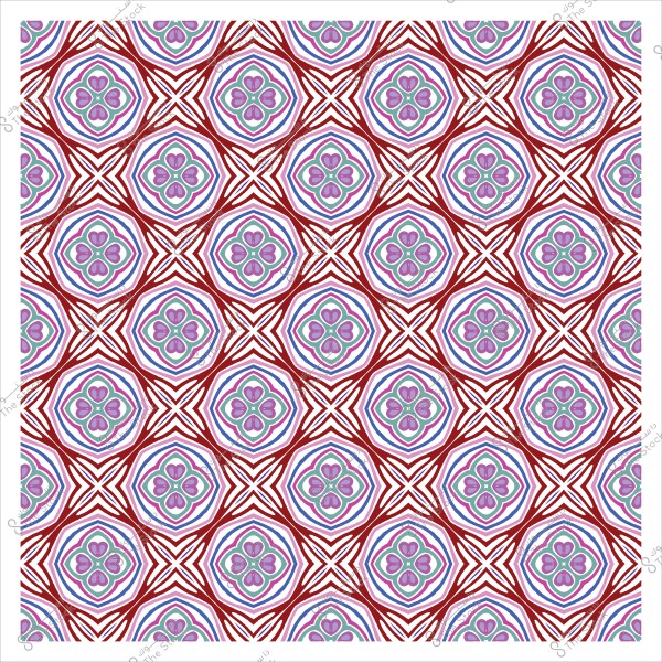 نمط هندسي ملون بتصميم أزهار داخل دوائر متعددة الأضلاع, مع خطوط متكررة باللونين الأحمر والأزرق.