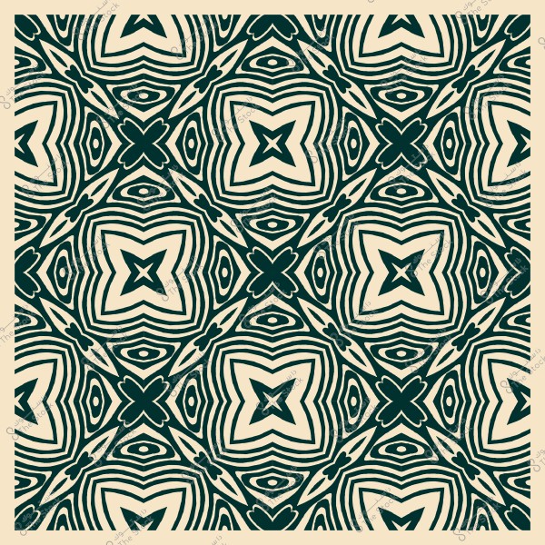 A geometric repeating pattern in dark green and white, featuring intersecting shapes and symmetrical motifs within a square frame.