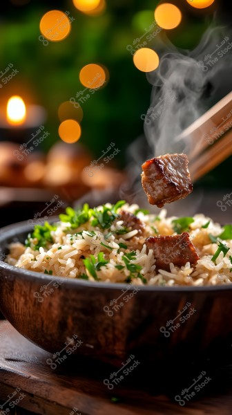 A wooden bowl filled with cooked rice, pieces of meat, and chopped parsley. A chopstick is holding a piece of meat above the bowl with steam rising. The background features softly blurred circular lights creating a warm ambiance.