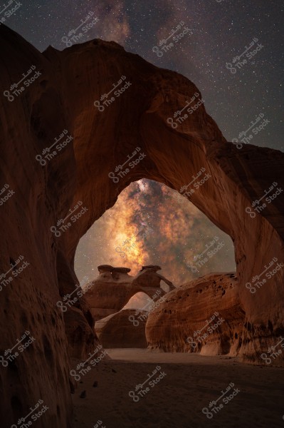 يظهر في الصورة قوس صخري طبيعي خلال الليل, محاط بتشكيلات صخرية مثيرة للإعجاب ومضاءة بشكل طبيعي. يظهر في الخلفية درب التبانة بشكل واضح ومشرق, مما يضيف جمالاً وسحرًا للمشهد الطبيعي الهادئ وسط الصحراء.