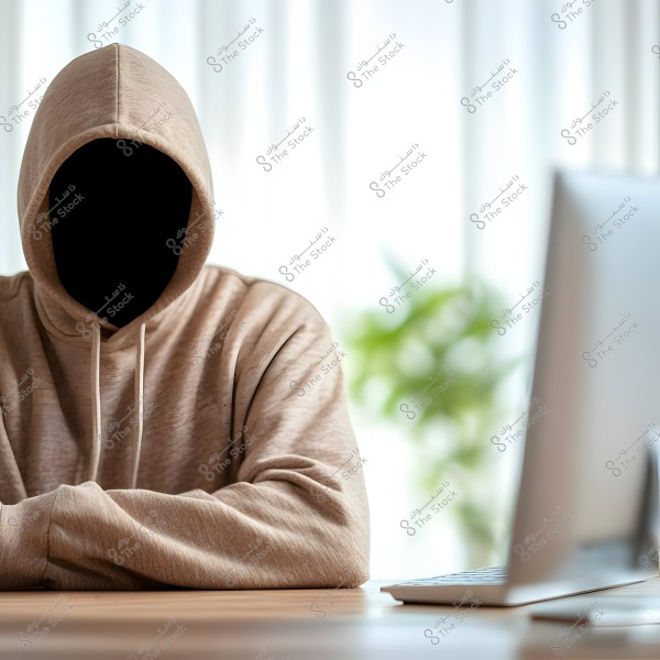 An image depicting a person sitting at a desk wearing a beige hoodie. The face is not visible, giving the image a mysterious appearance. In the background, there is a window with sheer curtains and a green plant, while a computer is placed on the desk.