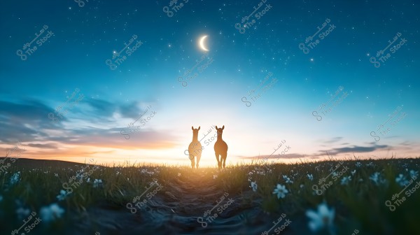 An image depicting two horses walking side by side in an open, flowered field. The sky is a deep blue with a setting sun on the horizon and a crescent moon surrounded by twinkling stars. The field is filled with small white flowers, with the sunset casting a warm glow over the area.