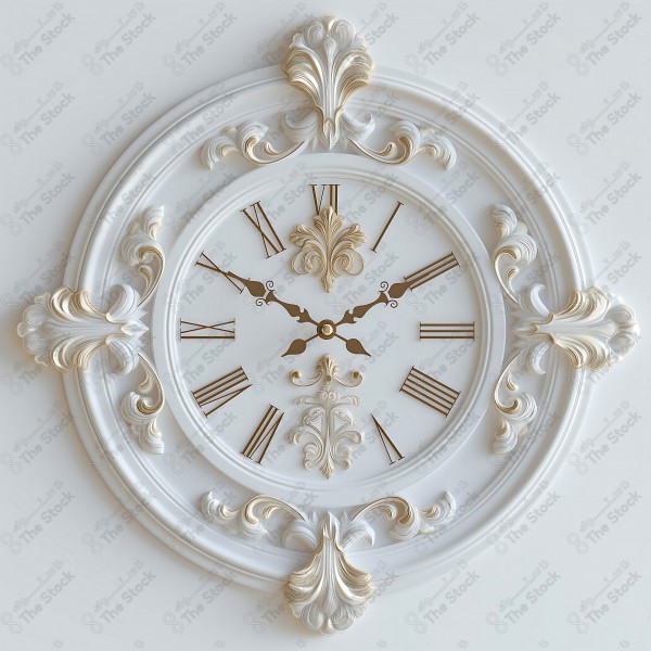 A white wall clock with golden decorations and intricate designs featuring Roman numerals. by AI