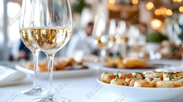 Close-up view of an elegant restaurant table, featuring two glasses of sparkling juice or soda in the foreground. In the background, there is a plate of sliced potatoes garnished with herbs. The warm backlighting adds a cozy touch to the scene.
