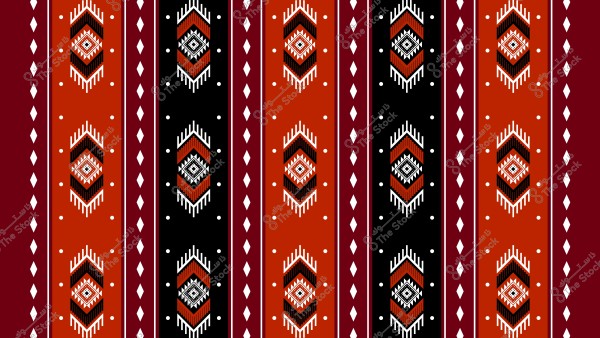 تصميم هندسي تقليدي يظهر نمطًا من الخطوط العمودية الملونة بالأسود والأحمر والبرتقالي. يحتوي النمط على أشكال ماسية وزخارف هندسية بيضاء موزعة بشكل متناظر ومتكرر. يُشبه هذا التصميم بالأنماط التراثية في السجاد أو الأقمشة التقليدية.