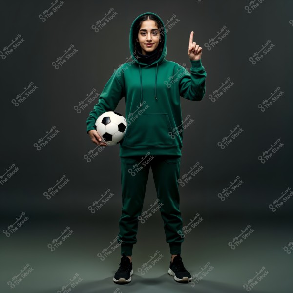 An image of a woman wearing a green hoodie and green sweatpants, holding a soccer ball in her left hand and raising her index finger with her right hand, suggesting a celebratory gesture. The dark gray background adds an elegant touch to the photograph. The attire appears sporty and comfortable, emphasizing strength and continuity in sports fashion.