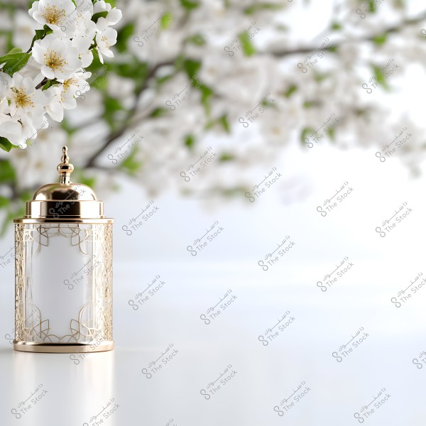A decorative golden container placed on a white table, with white flowers on a green tree branch in the blurred background. The design reflects an elegant and serene atmosphere.