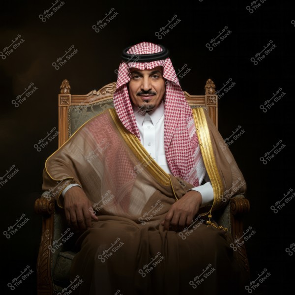 This is a portrait of a man sitting on an ornate chair, wearing traditional Saudi attire, including a white thobe, a red and white checkered shemagh, and an agal. The man appears relaxed and looks directly at the camera against a dark background.
