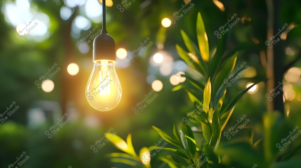 An illuminated light bulb hanging among green foliage in an outdoor setting. The bulb emits a warm glow, with a blurred background showing soft, twinkling lights among the trees, suggesting a tranquil evening atmosphere in a garden or patio.