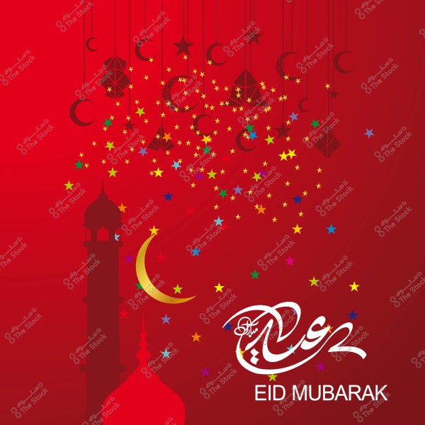 Eid greeting card with crescent and star decorations on a red background with the phrase \"Eid Mubarak\".