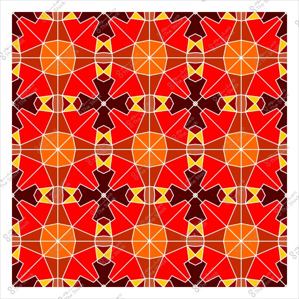 صورة لنمط هندسي إسلامي مزخرف مكوّن من أشكال نجمية تتداخل فيها ألوان الأحمر والبرتقالي مع حدود بيضاء. التصميم متماثل ومتكرر في نمط شبكي, مما يُظهر جمال الفن الإسلامي التقليدي.

-