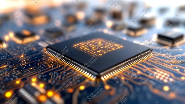 Close-up image of an electronic chip mounted on a printed circuit board. The details of the microprocessor and connecting pins appear on a matte surface, with soft lighting highlighting the copper traces on the board extending around the chip.