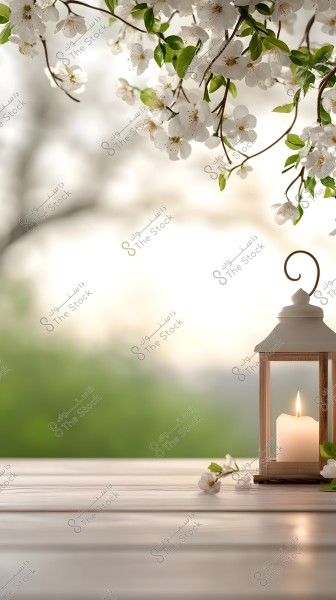 The image shows a wooden lantern with a lit candle inside placed on a wooden table. Hanging from above are beautiful white blossoms with green leaves. The background is blurred, displaying natural green hues, giving a sense of tranquility and peace.