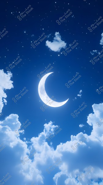An image of a clear night sky featuring a bright crescent moon surrounded by twinkling white stars. A few scattered white clouds are visible at the bottom and sides of the deep blue sky, creating a serene and beautiful atmosphere.