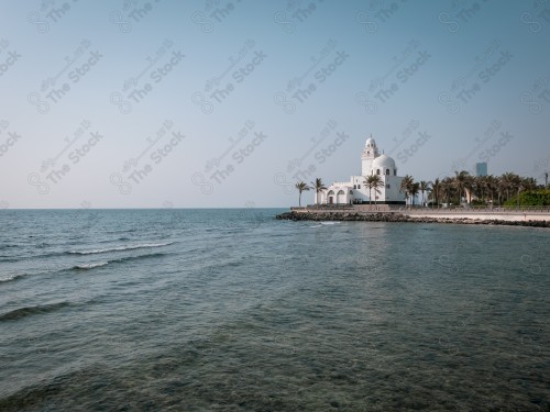 لقطة لمسجد الجزيرة محاط بالنخيل على كورنيش جدة وتظهر السماء شبه صافية نهارًا قبل الغروب