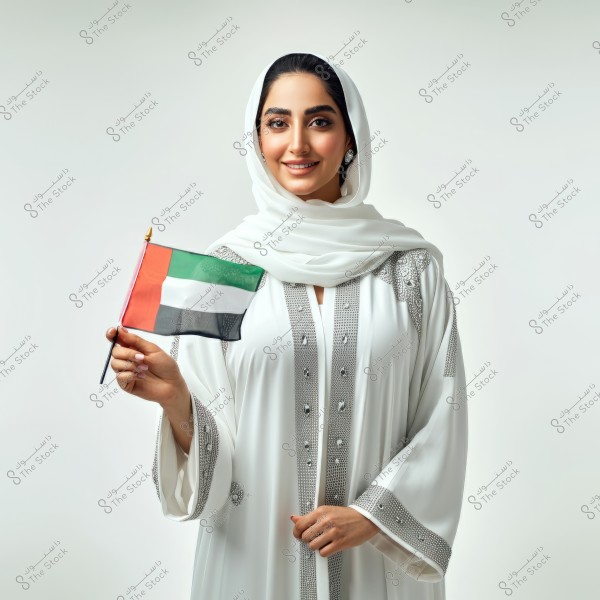 A woman wearing a white abaya adorned with silver embroidery holds a flag of the United Arab Emirates. She smiles and looks towards the camera, wearing a white headscarf that partially covers her head. The background is a solid light color.