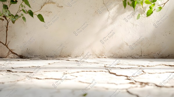 The image depicts a white wall with subtle cracks and shadows cast by green leaves extending from the top right and left corners. In the foreground, there is a cracked concrete floor.
