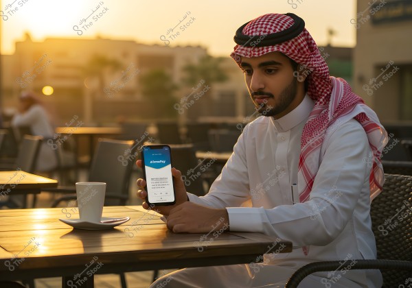 The image shows a man sitting at an outdoor café during sunset. He is wearing a white thobe and a red ghutra with an agal, indicating traditional Saudi Arabian attire. He is holding a mobile phone displaying a financial services app, with a coffee cup on the table in front of him.