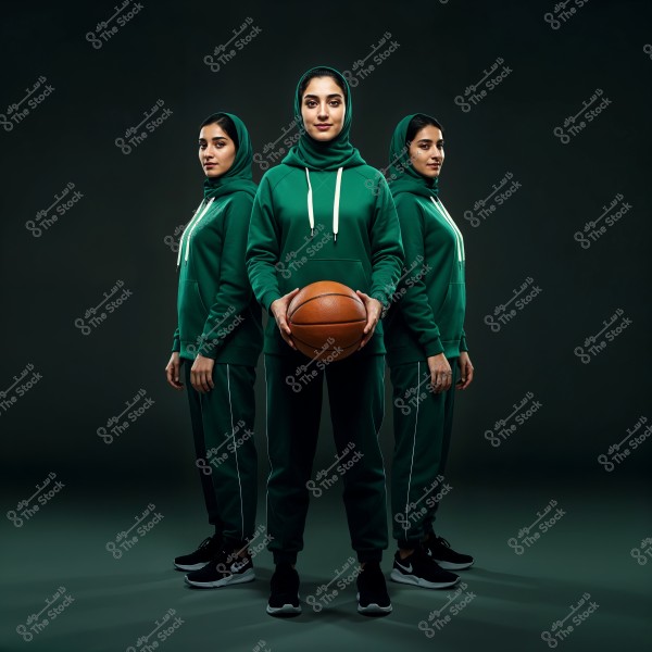 Image of three hijab-wearing women standing together in dark green sportswear. The woman in the center holds a basketball and looks directly at the camera. The attire includes hoodies, track pants, and black sneakers. The dark background accentuates the deep colors of the clothing.