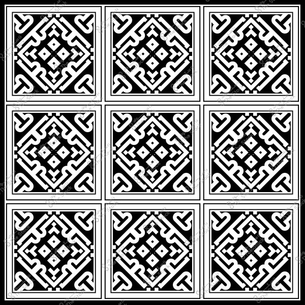 Black and white geometric ornamental pattern with a repeating design.