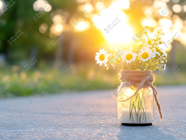 An image showing a glass vase containing white daisies with yellow centers, tied with jute rope, placed on a concrete surface. The background features a blurred landscape in bright sunlight.