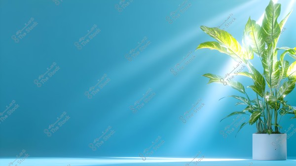 Image of a large green plant potted in a white container with a bright blue background. Sunlight appears to shine on the plant leaves, creating a striking contrast between the green and blue.