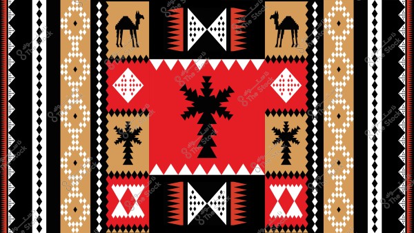 تصميم زخرفي مستوحى من الثقافة العربية, يتضمن أشكالًا هندسية مثل الجمال وأشجار النخيل. الألوان الرئيسية المستخدمة هي الأسود والأحمر والبني والأبيض, وتعكس العناصر التقليدية للفن السعودي.