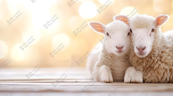 A close-up image of two white lambs sitting side by side on a wooden floor, with a background of blurred yellow lights that gives a warm and bright feel.