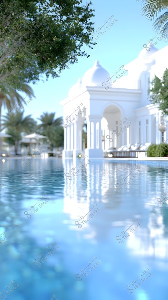 A scene showing a corner of an elegant white villa, overlooking a large swimming pool. The architecture features white domes and arches, surrounded by green palm trees and other lush foliage. The sky is clear blue, and the water reflects the pristine tropical atmosphere, with lounge chairs by the poolside.