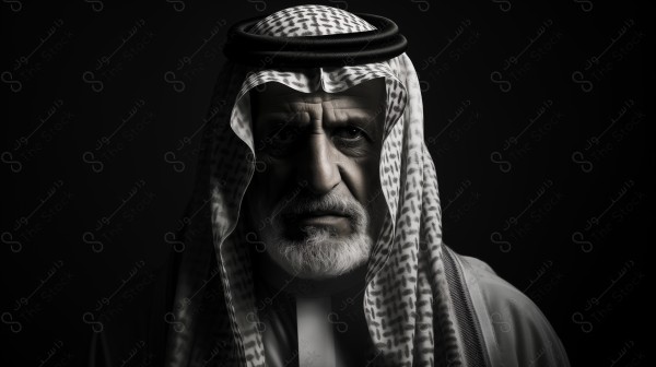 A picture of a Saudi man expressing heritage and history, wearing Saudi clothes with a black background by Ai.